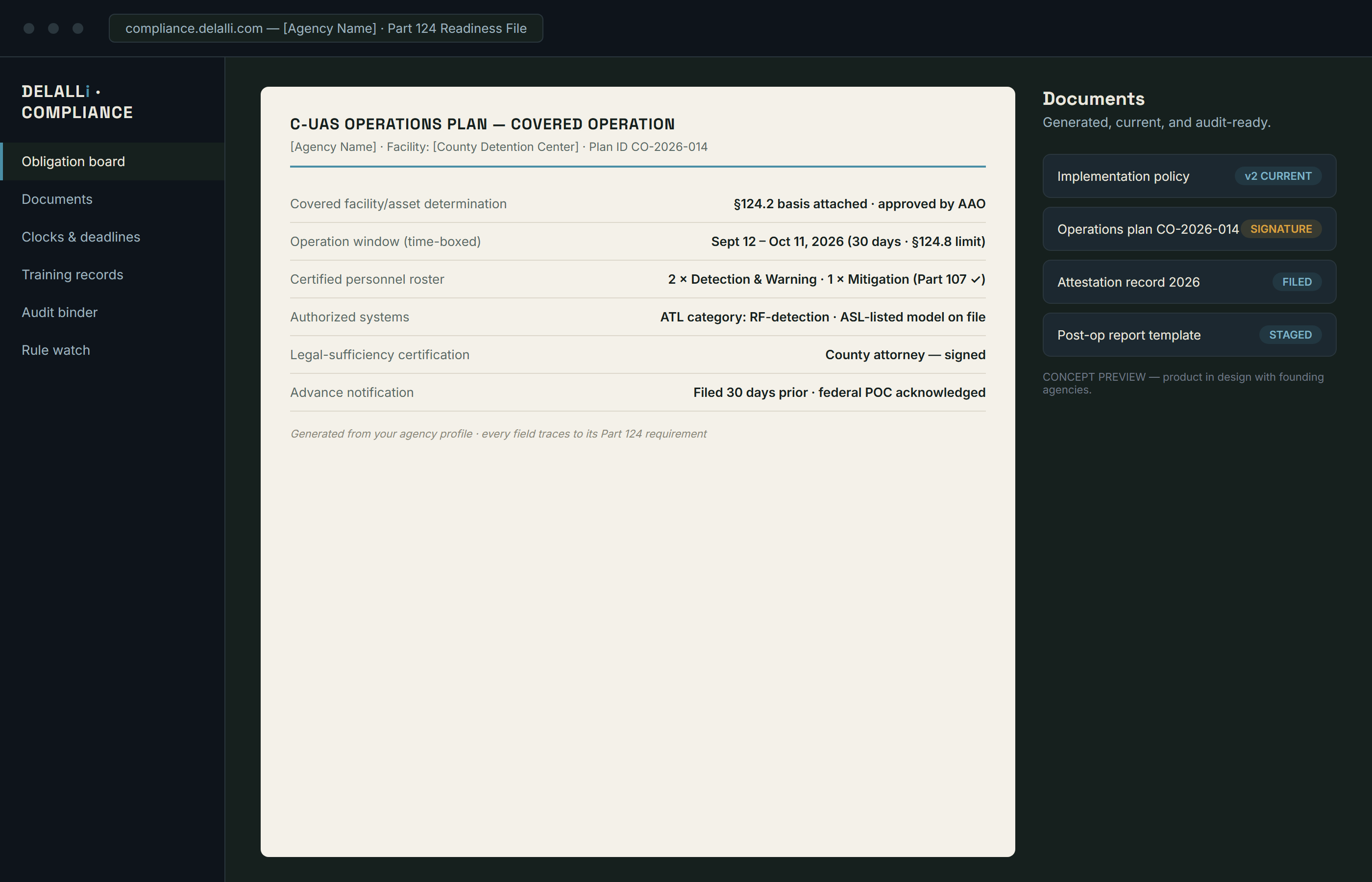 Concept preview: a generated C-UAS operations plan with every field traced to its Part 124 requirement
